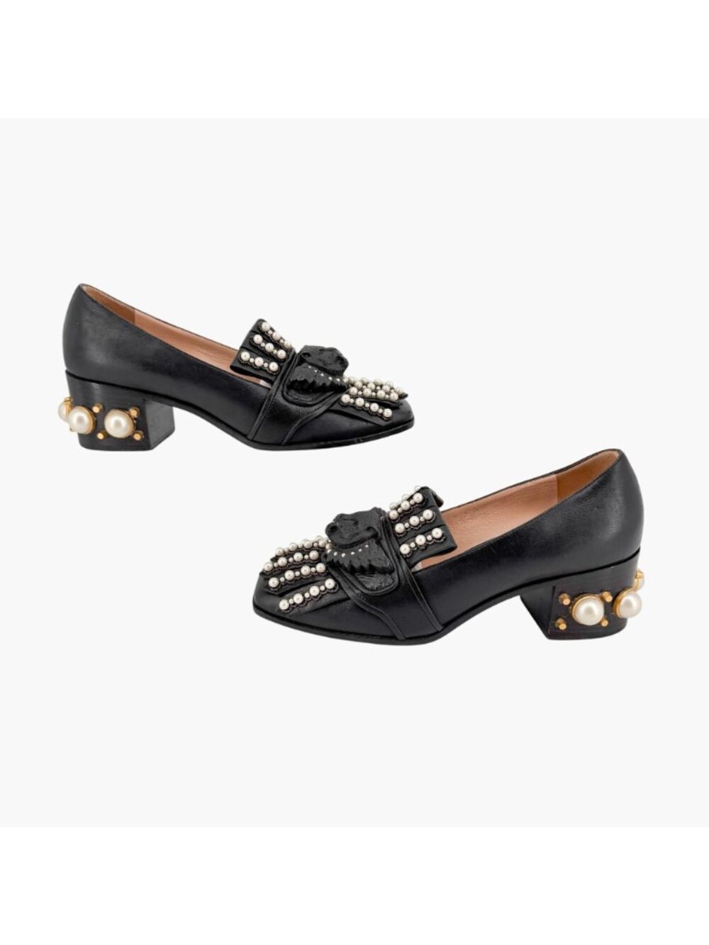 Gucci Lion Head Pearl Fringe Block Heel Loafer Pumps Black Leather Size 37 US 7 - Picture 8 of 15